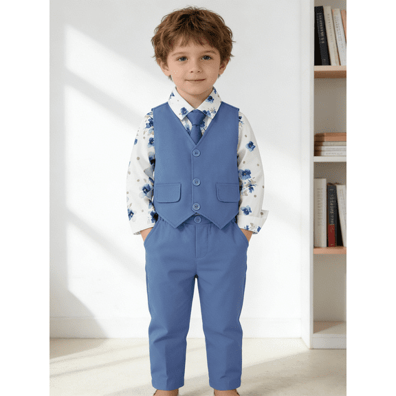 SANMIO Toddler Boy Suit Baby Boy Church Clothes Formal Dress Baptism Outfit Sets Shirt Tie Vest Pants Kids Tuxedo 1-5T Boys Wedding Clothes