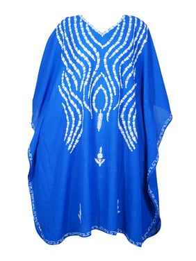 Mogul Women Royal Blue Floral Embroidery Caftan Dress V-Neck Kimono Resort Wear Mid Length Cover Up Kaftan Dresses 2XL