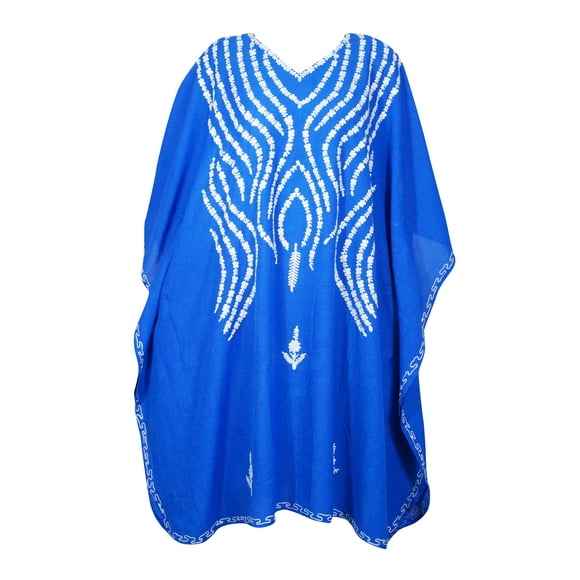 Mogul Women Royal Blue Floral Embroidery Caftan Dress V-Neck Kimono Resort Wear Mid Length Cover Up Kaftan Dresses 2XL