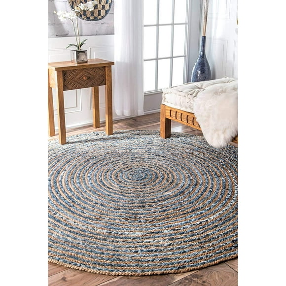 Indian Handmade Braided Natural Jute with Denim Cotton Area Rug, Home Décor Rug, Jute Rug for Bedroom, Dining Room, living room, Doormat Rug Size - 5' Round (150 cm x 150 cm)