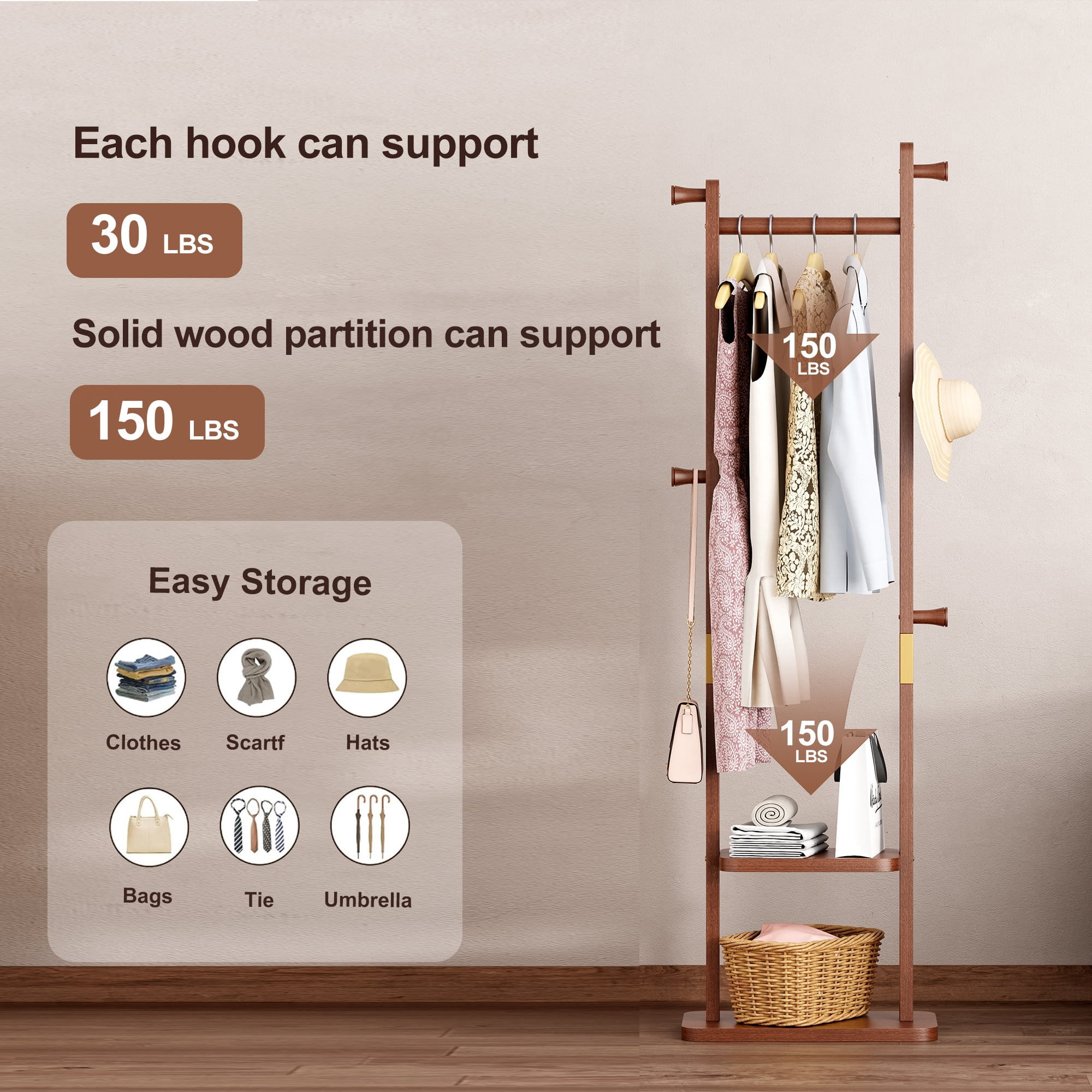 GARITIN Coat Rack and Hall Tree 23.6 Inch, Solid Wood Freestanding Coat Stand with Hooks for Entryway Living Room Bedroom, Walnut