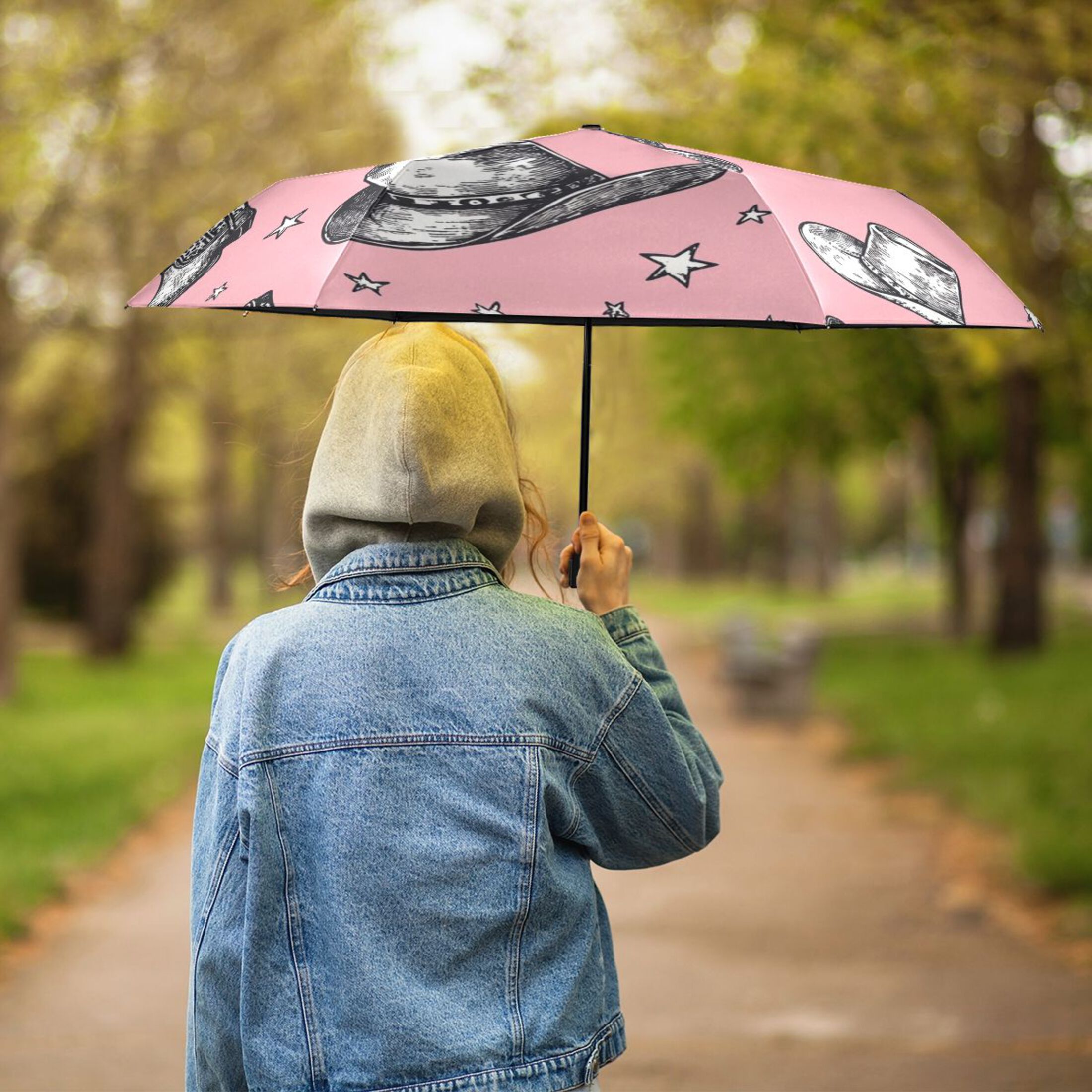 Cowboy Hats Boots Stars All Weather Umbrella Triple Folding Parasol 6 Ribs UV Protection Portable