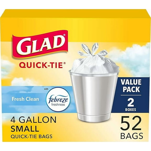 Glad OdorShield Small Quick-Tie Trash Bags, Fresh Clean Scent, 4 Gallon, 52 Ct (Package May Vary)