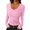 thumbnail image 2 of Womens Long Sleeve T Shirts 2025 Fall Trendy V Neck Slim Fit Basic Crop Tops Casual Going Out Top Pink XXL, 2 of 5
