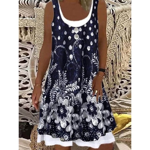 HKEJIAOI Liquidation Robe Florale pour Femmes Robe d'Anniversaire Col Rond Imprimé Ample Décontracté Mode Faux Deux Couches Sans Manches Noire