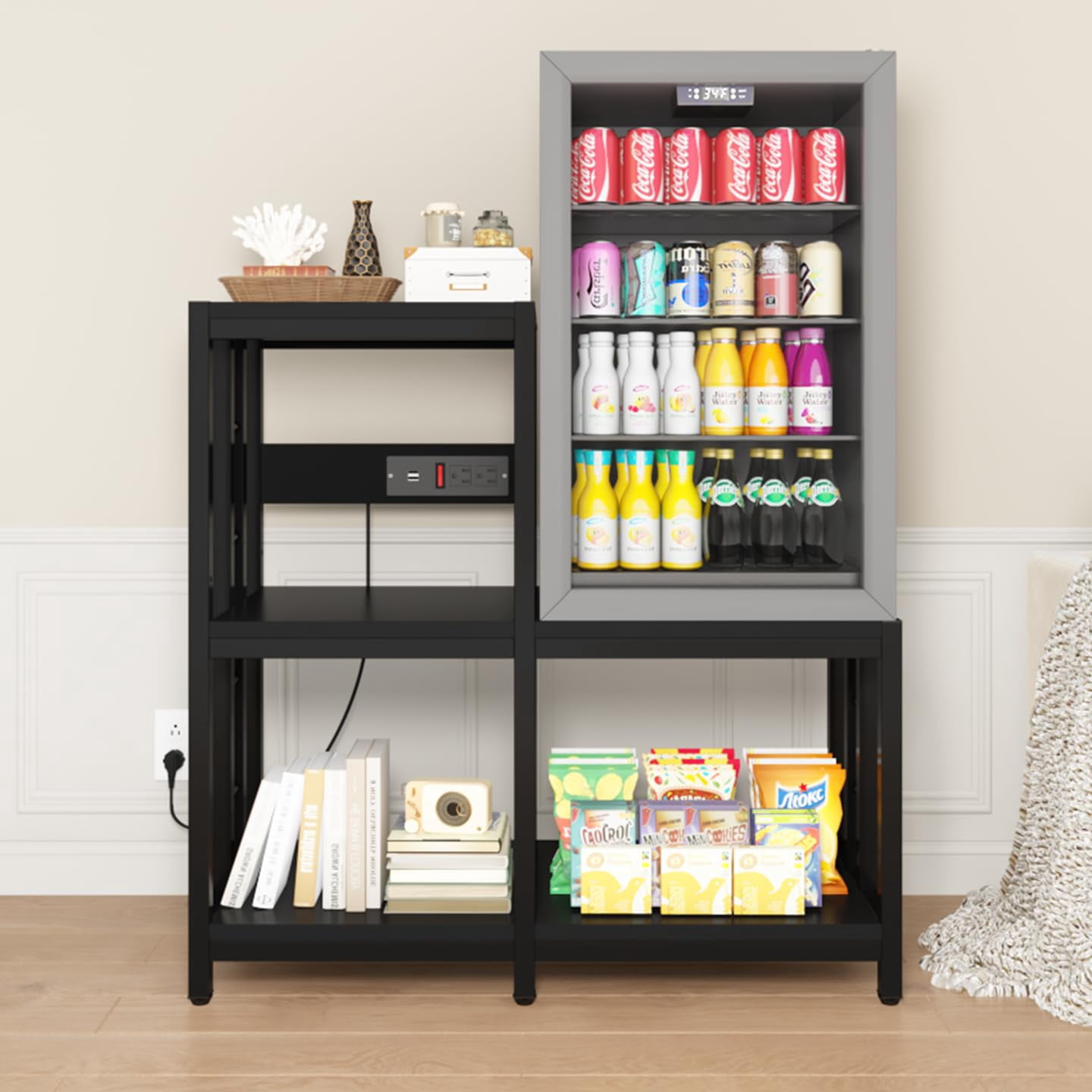 Mini Fridge Stand with Storage with Power Outlet, Microwave Oven Stand, Bakers Rack with Storage Shelf, Mini Fridge Cabinet, Mini Fridge Shelf for Kitchen, Living Room, Office, Patio.(Black)