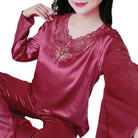 

PERZOE Pajamas Set 2 Pcs/Set Women Pajamas Set Silky Long Sleeves V Neck Solid Color Loose Sleeping Lace Plus Size Women Nightie Set for Bedroom
