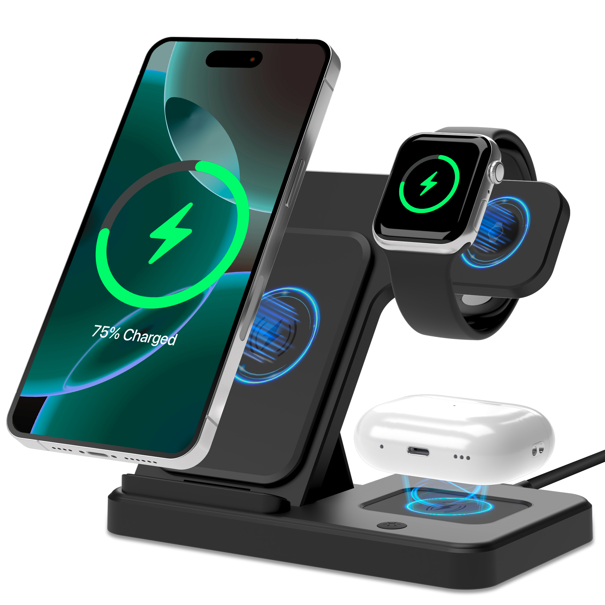 Merkury Innovations 3-in-1 Wireless Charging Station for Samsung Galaxy Phone, Watch & Buds β Foldable, Black
