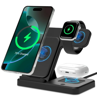 Merkury Innovations 3-in-1 Wireless Charging Station for iPhone, Apple Watch, AirPods, Samsung Galaxy Phone, Watch & Buds – Foldable, Black