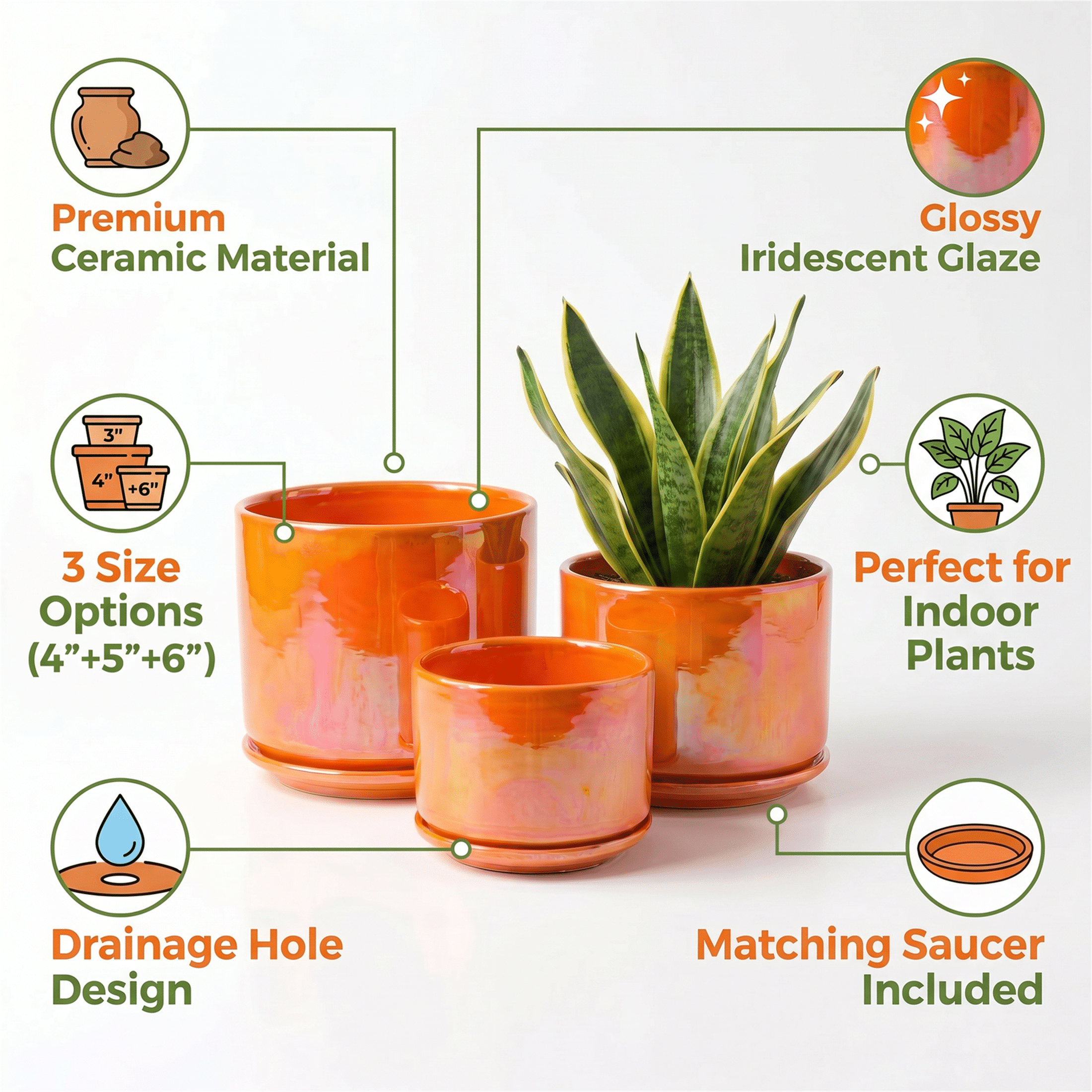 BUYMAX Plant Pots, 4+5+6 inch Pots for Indoor Plants,Ceramic Planter Pot with Drainage Hole,Flower Pots for Succulent Cactus,Set of 3 - Rainbow Pearl Glaze Orange