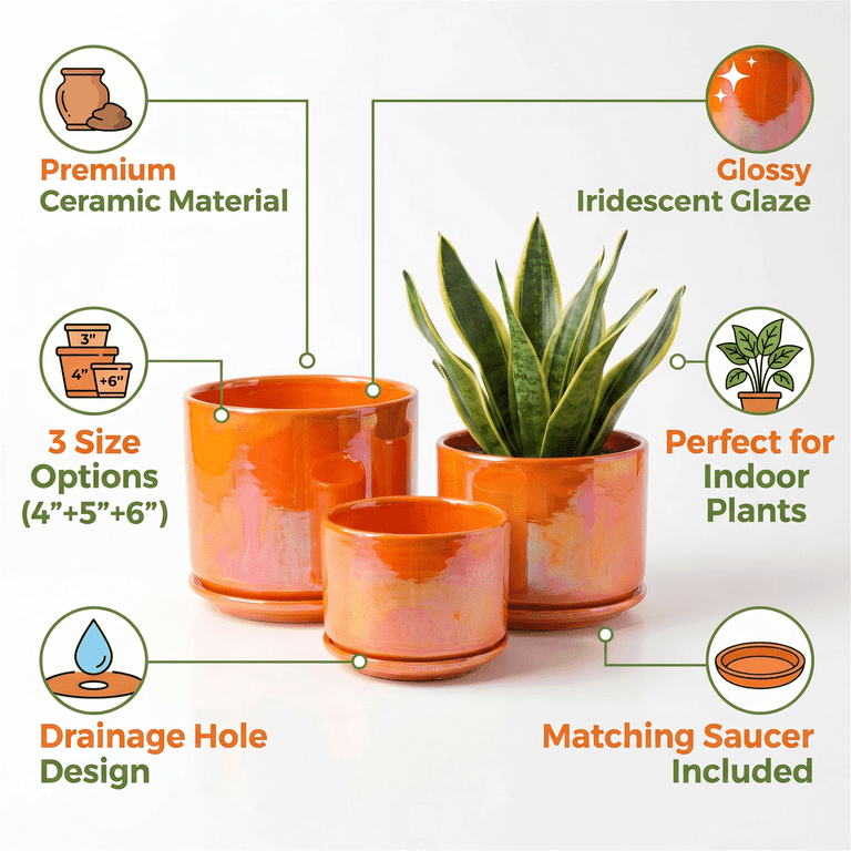 Ceramic Plant Pots Set of 3 with Drainage Holes and Saucers photo 5
