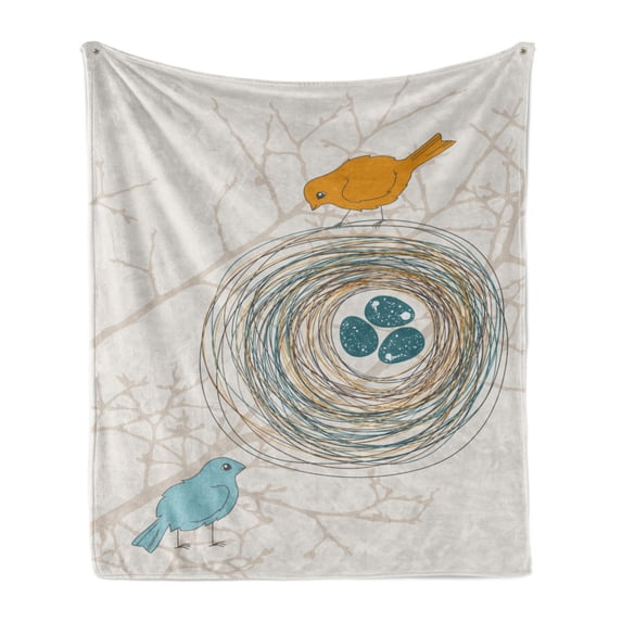 Birds Soft Flannel Fleece Throw Blanket, Heart Warming Scene of Parent Birds Watching the Eggs over the Nest, Cozy Plush for Indoor and Outdoor Use, 50" x 70", Earth Yellow Pale Blue, by Ambesonne