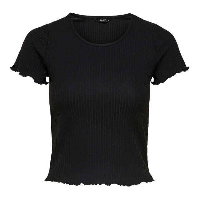 ONLY Camiseta de mujer - ONLEMMA SHORT TOP, cuello redondo, cropped, acanalada, lisa Negro M (Medium)