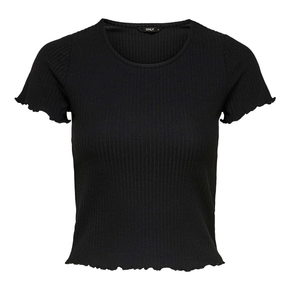 ONLY Camiseta de mujer - ONLEMMA SHORT TOP, cuello redondo, cropped, acanalada, lisa Negro S (Small)