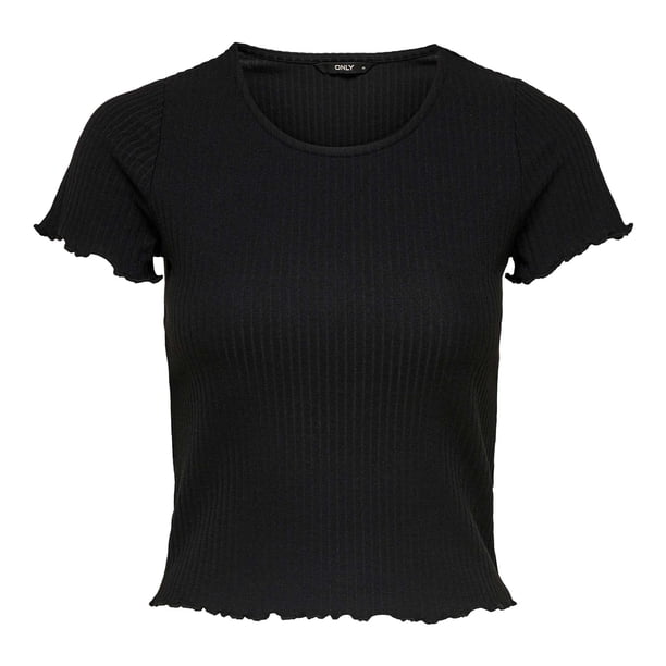 ONLY Camiseta de mujer - ONLEMMA SHORT TOP, cuello redondo, cropped, acanalada, lisa Negro XS (X-Small)