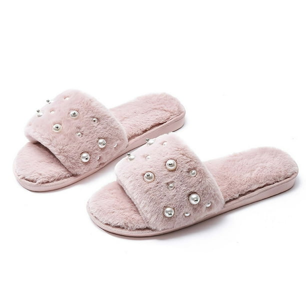 Pantuflas peludas para mujer, pantuflas acogedoras de felpa, zapatos de  casa suaves y cálidos, zapatillas informales con perlas sólidas Wmkox8yii 