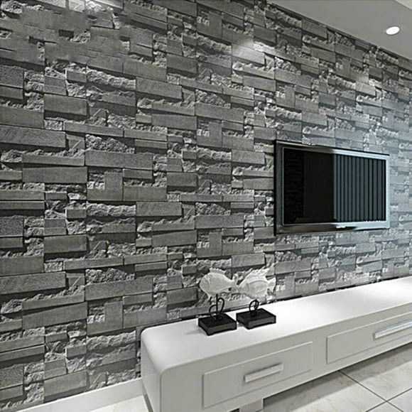 EcoNesxp PVC 3D Black Grey Slate Brick Effect Washable Vinyl Wallpaper Living Room Background Wallpaper Dark Grey