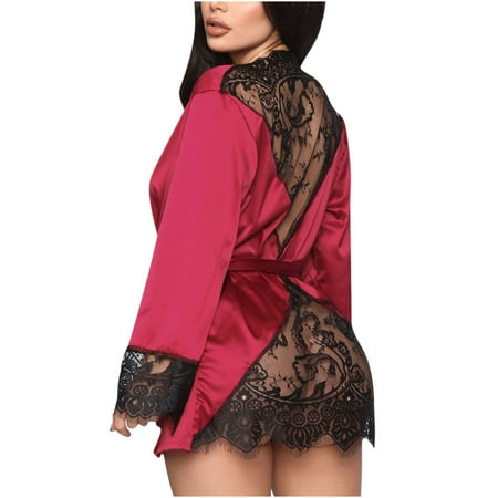 

LYXSSBYX Plus Size Womens Shackets Hot Sale Clearance Women s Fashion Sexy Nightgown Cardigan Soild Lingerie Lace Splicing Satin Nightwear