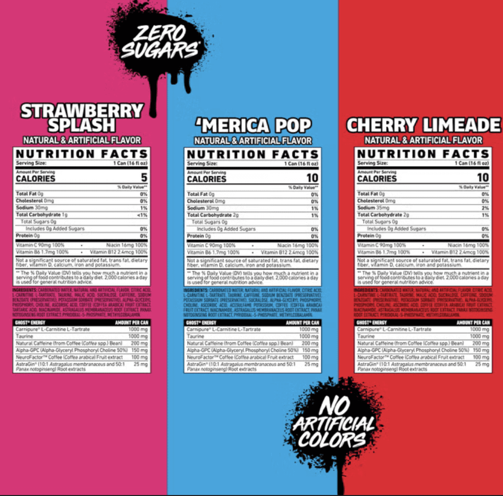 Ghost Energy Zero Sugar Variety Pack, Bubblicious Strawberry, Merica Pop, Cherry Limeade, 16 fl oz, 18 Pack