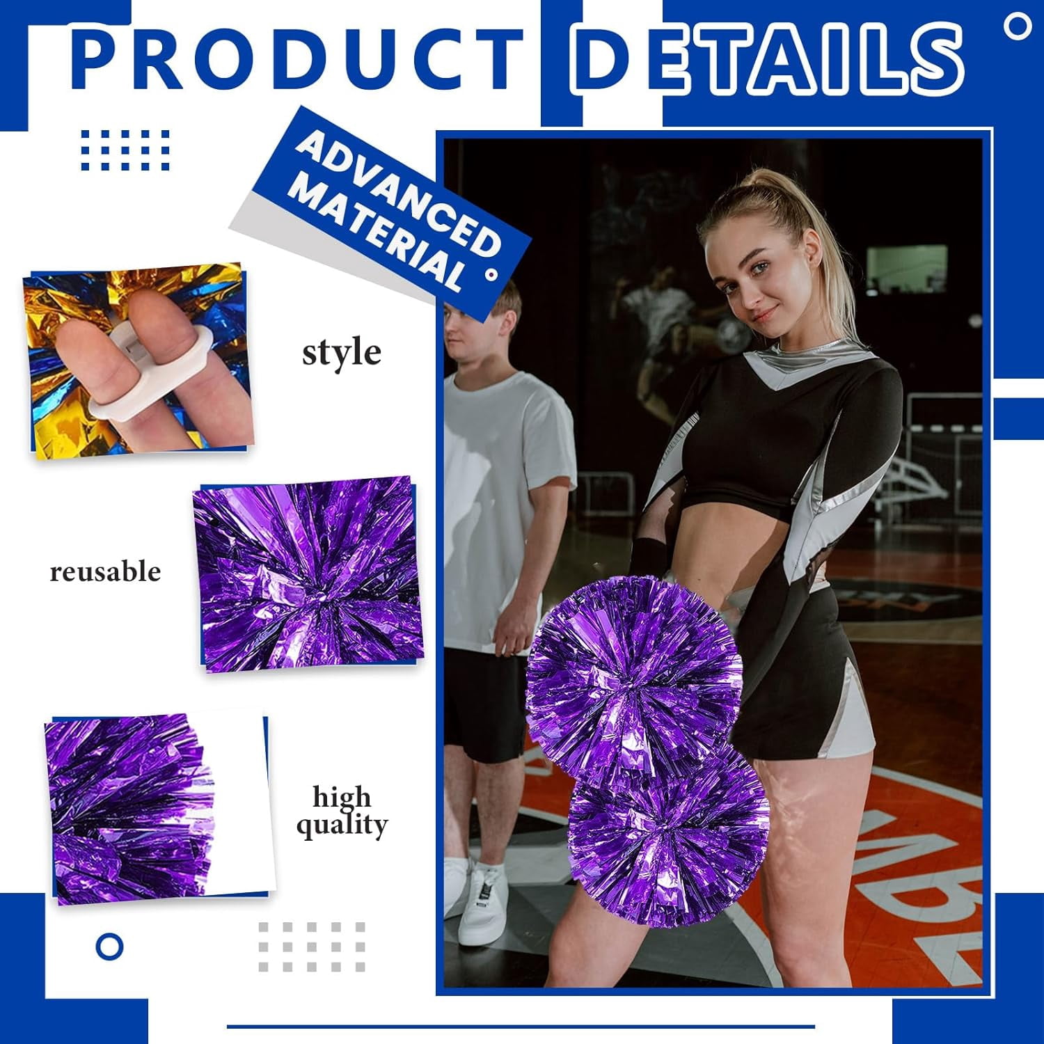 Cheerleader Pom Poms 12 Pack Sports Dance Cheering Plastic Metallic Cheerleading Pom Poms for Kids Adults-Ring Style