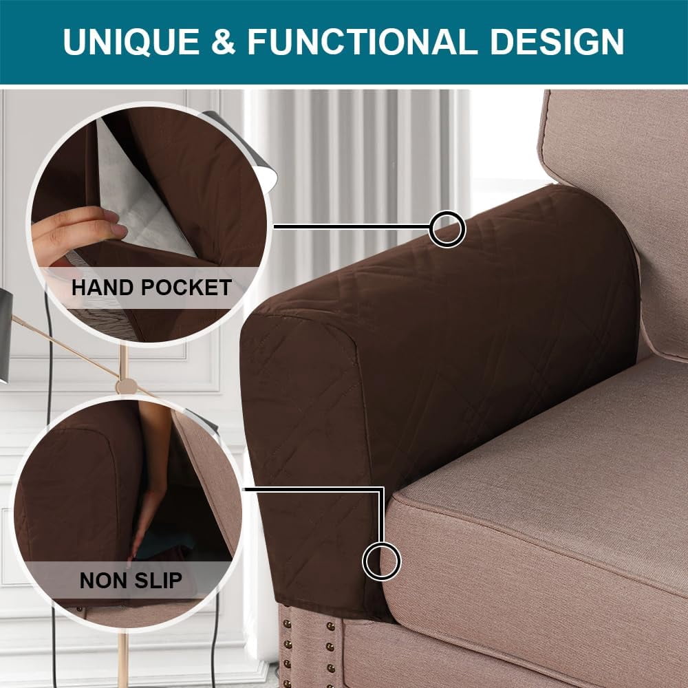 2 Pack Waterproof Armrest Covers for Chairs and Sofas Armrest Covers Couch Arm Covers for Sofa with Side Pocket Anti-Slip Furniture Protector Washable Armrest Slipcovers(Brown)