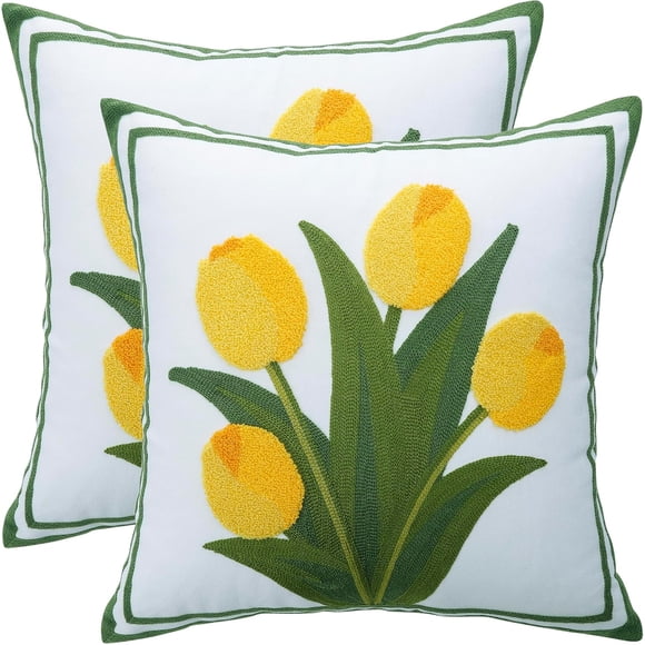 lkijhrd Embroidered Throw Pillow Covers 18x18 Inch  Pink Magnolia Flower Spring Pillowcases Farmhouse Canvas Square Cushion Covers for Living Room Sofa Bed