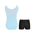 thumbnail image 2 of Moggemol Kids Girls Sheer Mesh Patchwork V-Back Dance Unitards Solid Color Sleeveless Bodysuit with Botty Shorts Set Light Blue 4, 2 of 7
