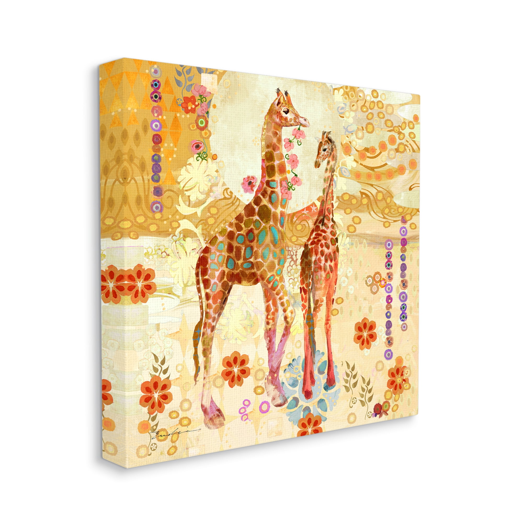 Stupell Industries Floral Patterned Giraffes Animals & Insects Painting Gallery Wrapped Canvas Art Print Wall Art, 17 x 17