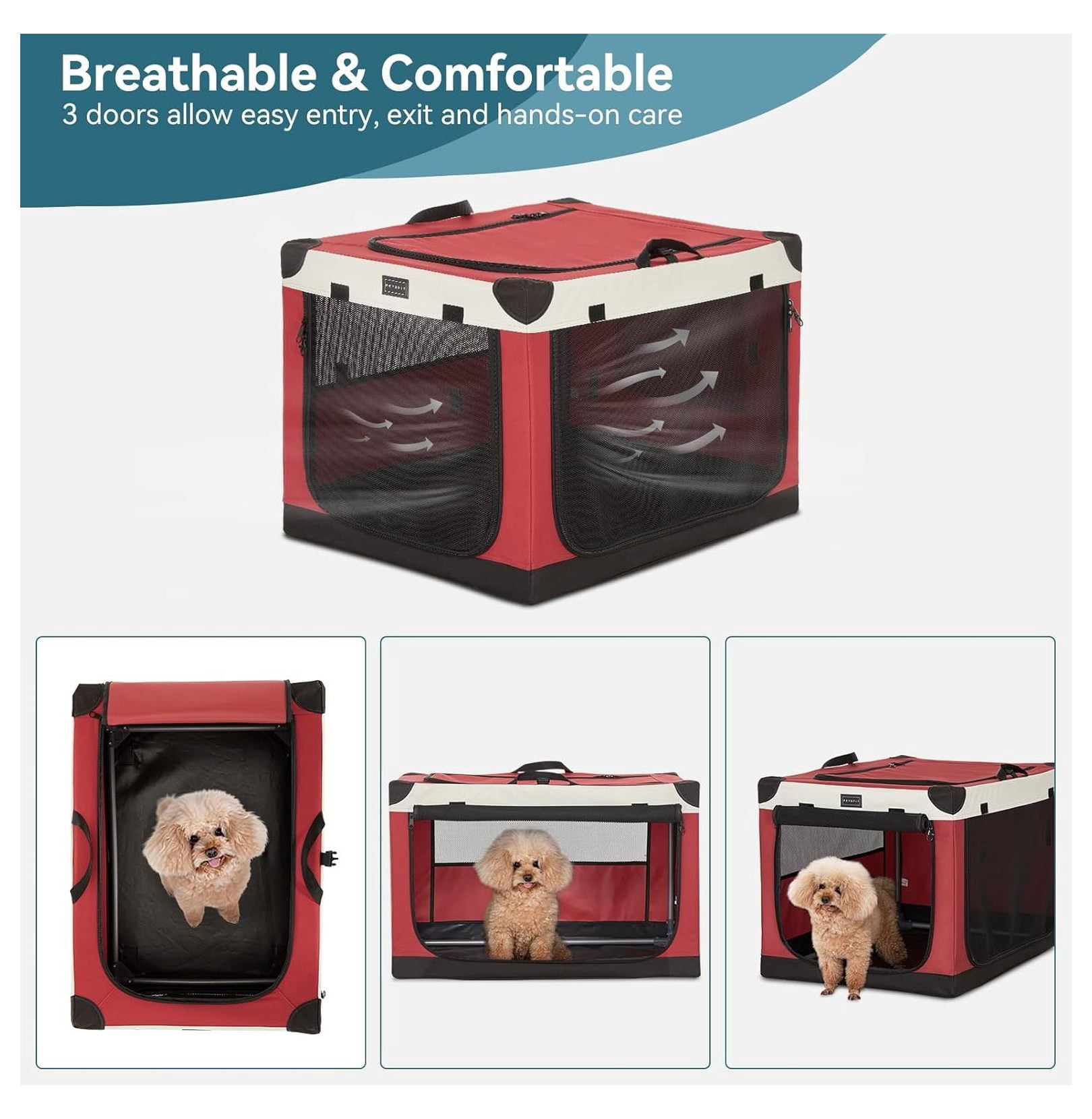 26" Soft Portable Dog Crate – Patented Spiral Sturdy Frame, Collapsible Travel Kennel for Small Dogs, 3 Mesh Door, Lockable Zippers, Indoor & Car Use Red