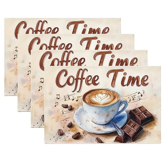 4pcs Coffee-Themed Placemats Suitable for Kitchen & Dining Table Decor - Latte Art, Coffee Beans & Chocolate Bars Design with Musical Notes, 12x18 Inch Square Washable Table s, Elegant Coffee