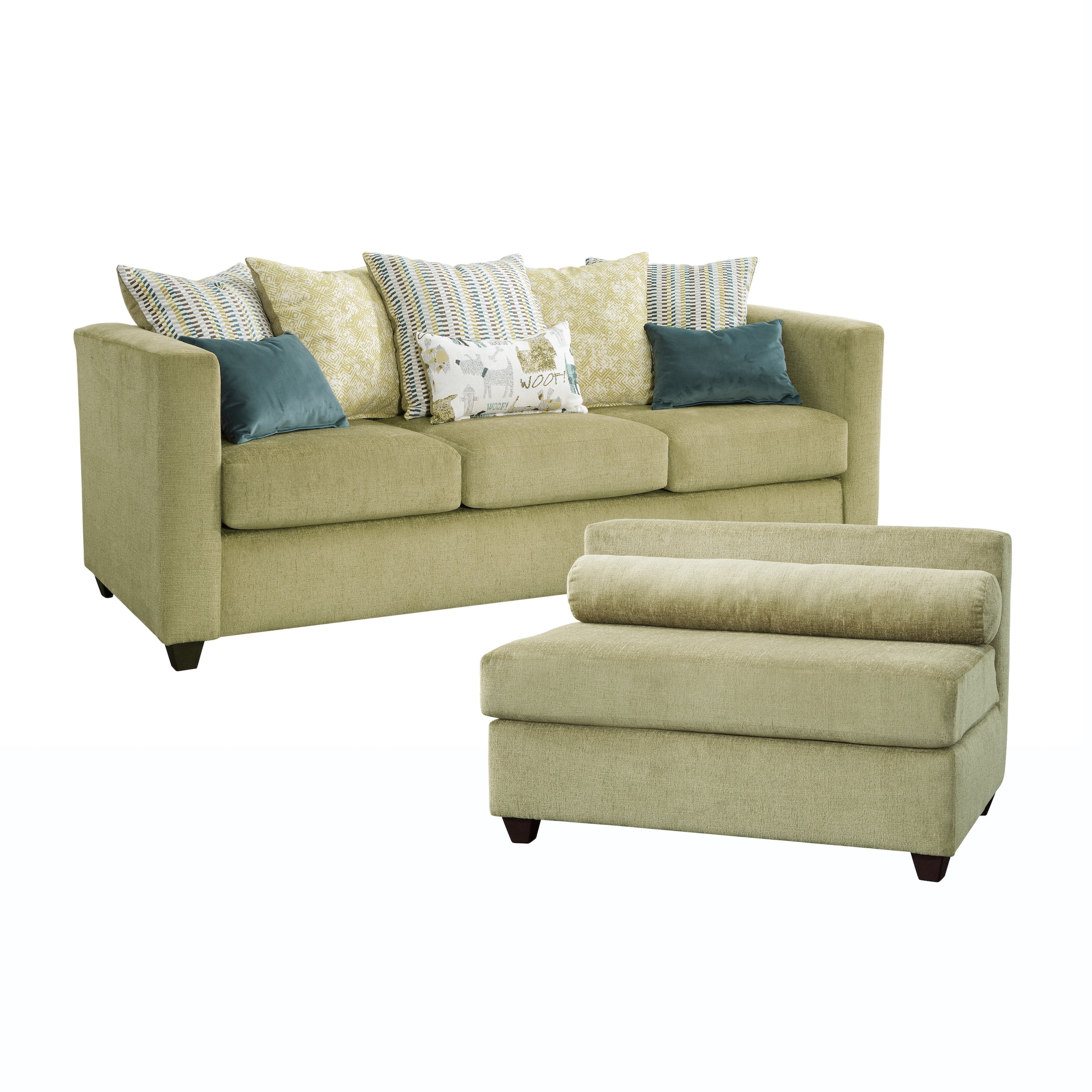 American Furniture Classics Model 8-10-A238V5-K Urban Square Arm Green Two Piece Sectional Sofa with Seven Throw Pillows