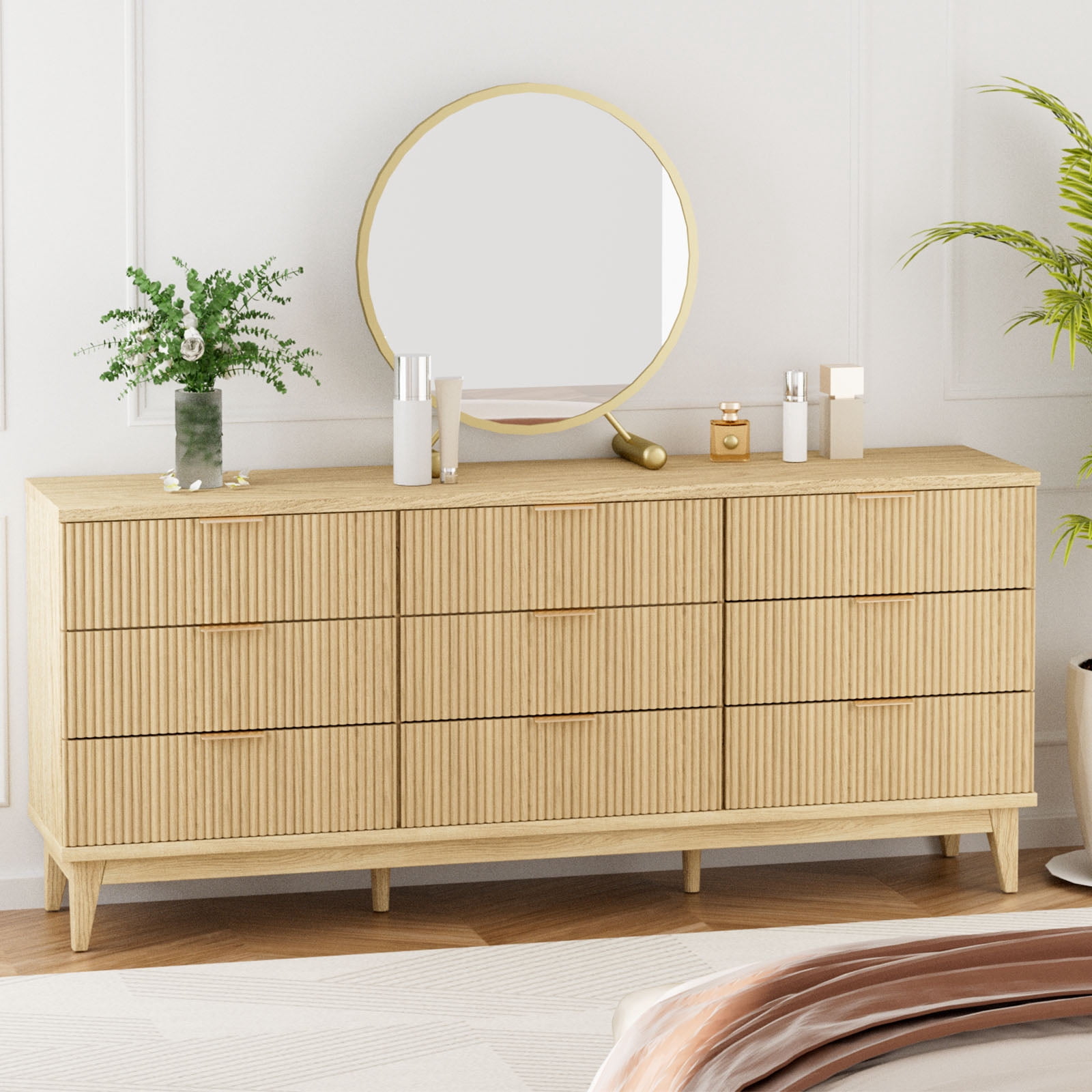 SHGJ&SOFT Fluted Dresser for Bedroom with 9 Drawers, 56.7" Wide Chest of Drawers, Gold Handle, Dresser TV Stand, Modern Wooden Dresser, Storage Organizer for Bedroom, Living Room, Entryway