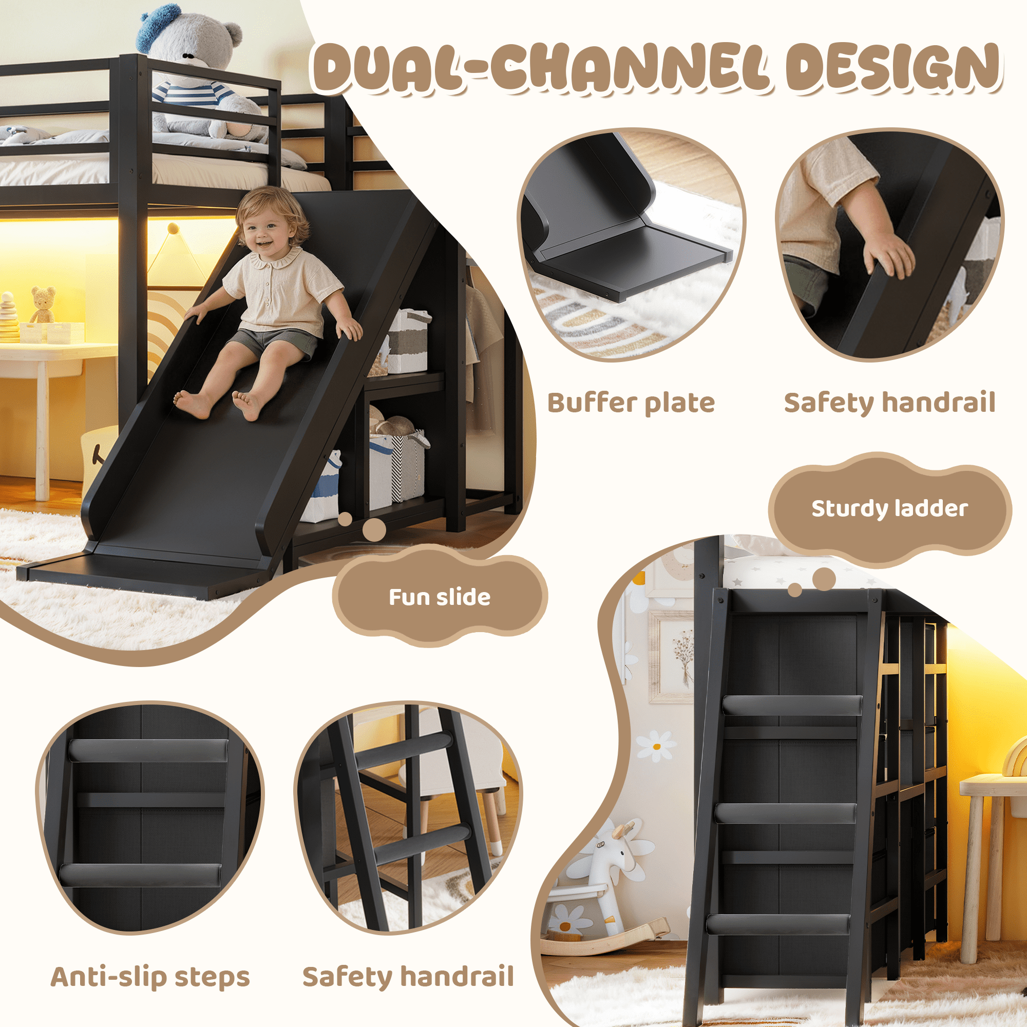 Loft Bed with Slide and Ladder, Twin Metal Bed Frame with Storage Drawers and Hanging Area for Bedroom, Black