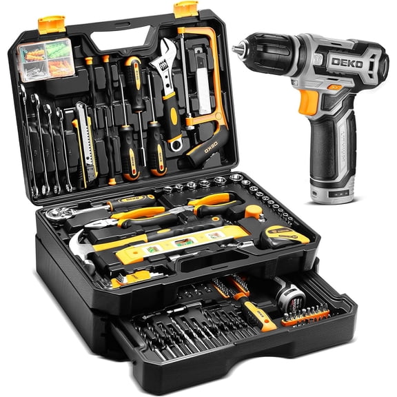 Open Box Tool Kit Box Drill Set:DEKOPRO Home Mechanic Toolbox with 12V Power Cordless Drill Hand Repair Tools Sets Combo Kits Storage Organizer Drawer Case (B Grade)