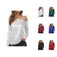 thumbnail image 1 of Womens Sparkle Top 2026 Spring Fashionable Long Sleeve Off Shouder Strappy Sequin T Shirts Going out Tops Rave Outfits, 1 of 4