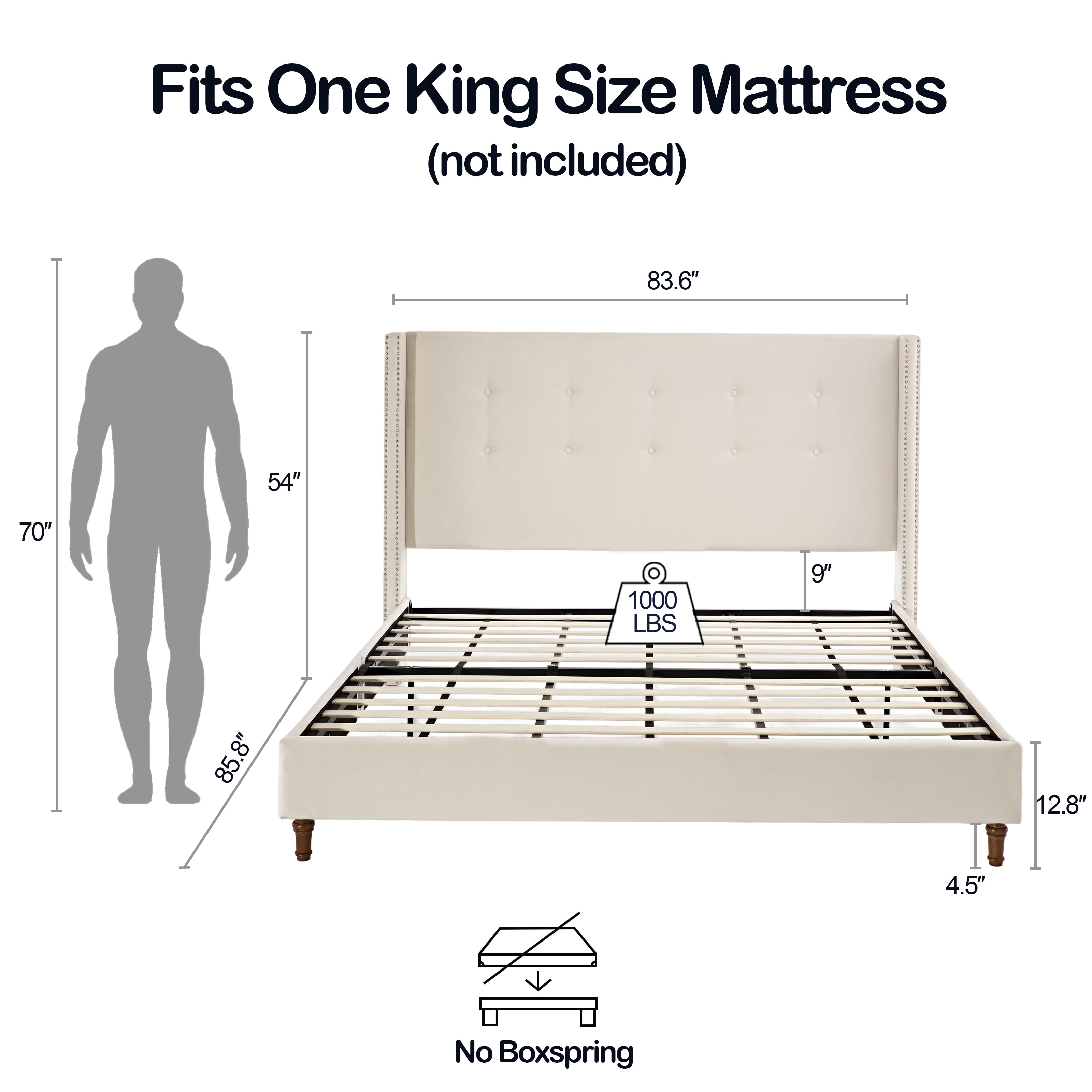 Miniyam King Size Platform Bed Frame with 54" High Wingback Headboard, Tufted & Nailhead Trim, Beige
