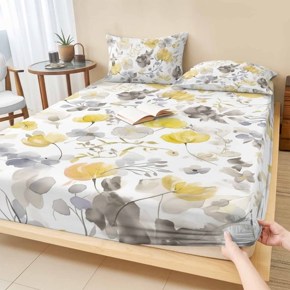 Cal.King Size Fitted Sheet Set - Yellow Grey Botanical 3 Piece Bedding Sets 16" Deep Pocket Fitted Sheet with 2 Pillowcases, Spring Floral Watercolor Brushed Microfiber Hotel Luxury Bed Sheets