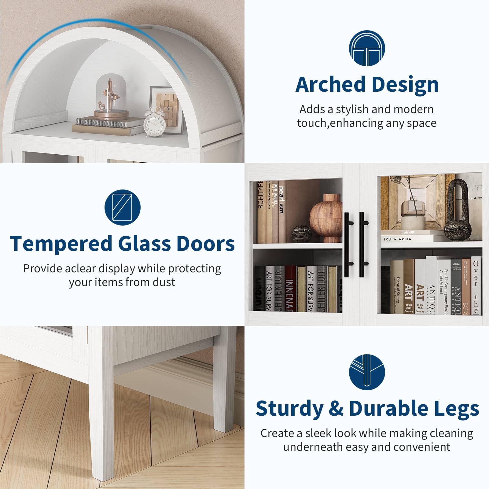 Roromall 70" Modern Arched Kitchen Pantry Cabinet, Wood Arched Bookshelf with LED Lights, Glass Doors & Adjustable Shelves, Display Cabinet for Kitchen, Dining Room, Living Room