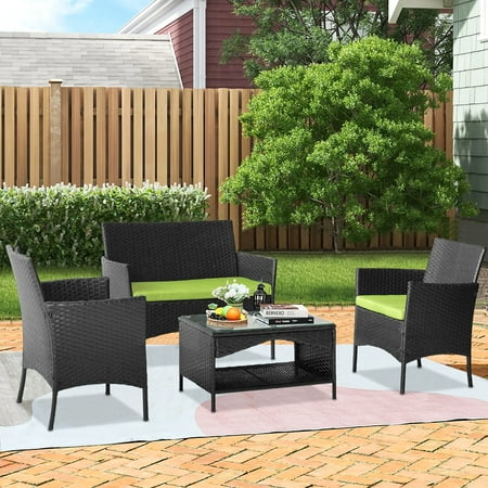 4 Piece Wicker Patio Set Upgrade Outdoor Patio Furniture Set with Glass Dining Table Loveseat & Cushioned Wicker Chairs Modern Rattan Conversation Set for Yard Porch Pool L3126