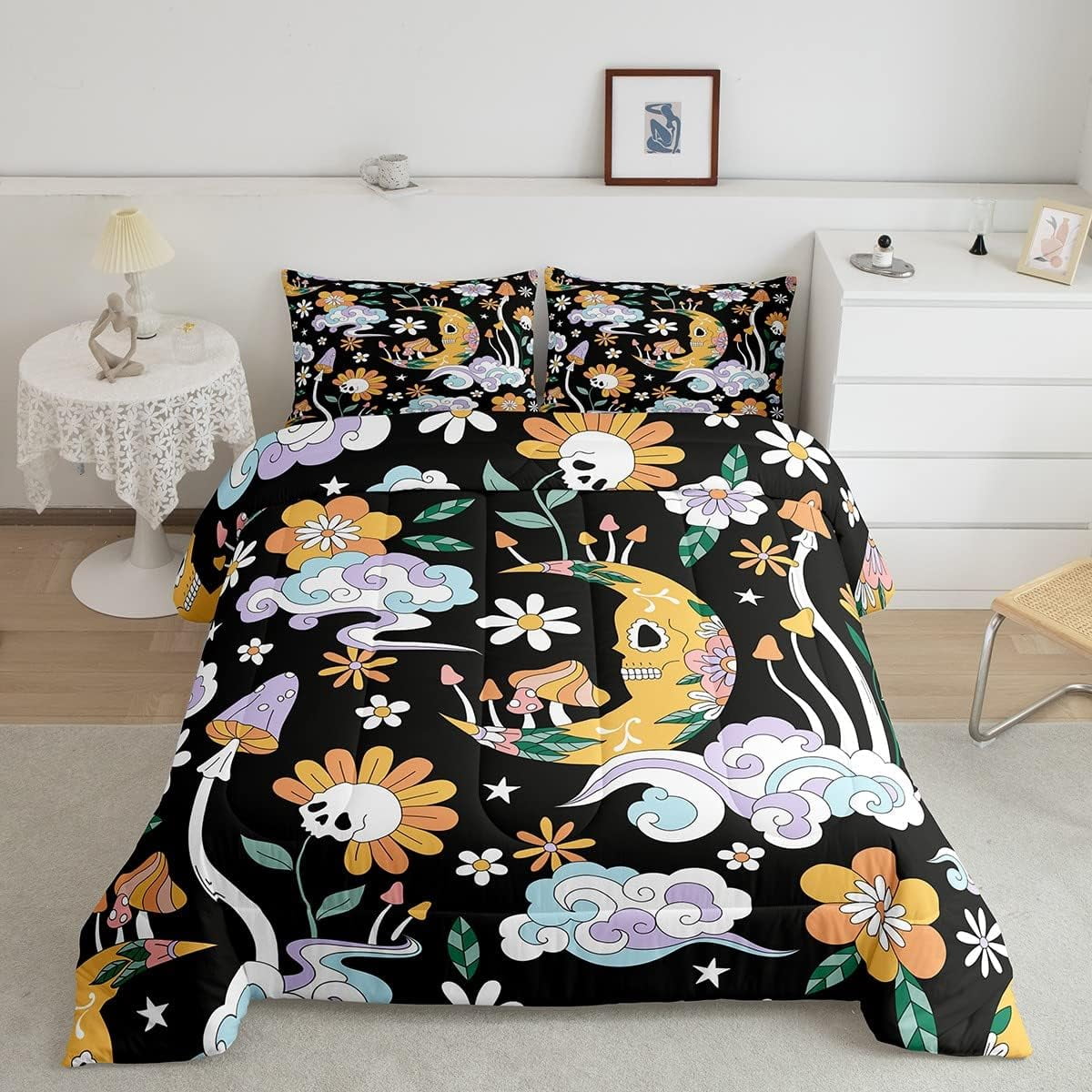 Bohemian Duvet Insert Exotic Moon Rainbow Comforter Set,60s 70s Groovy