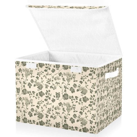 Foldable Fabric Storage Bin With Handle Collapsible Basket Box Storage With Lid Organizer Small Olive Green Flower