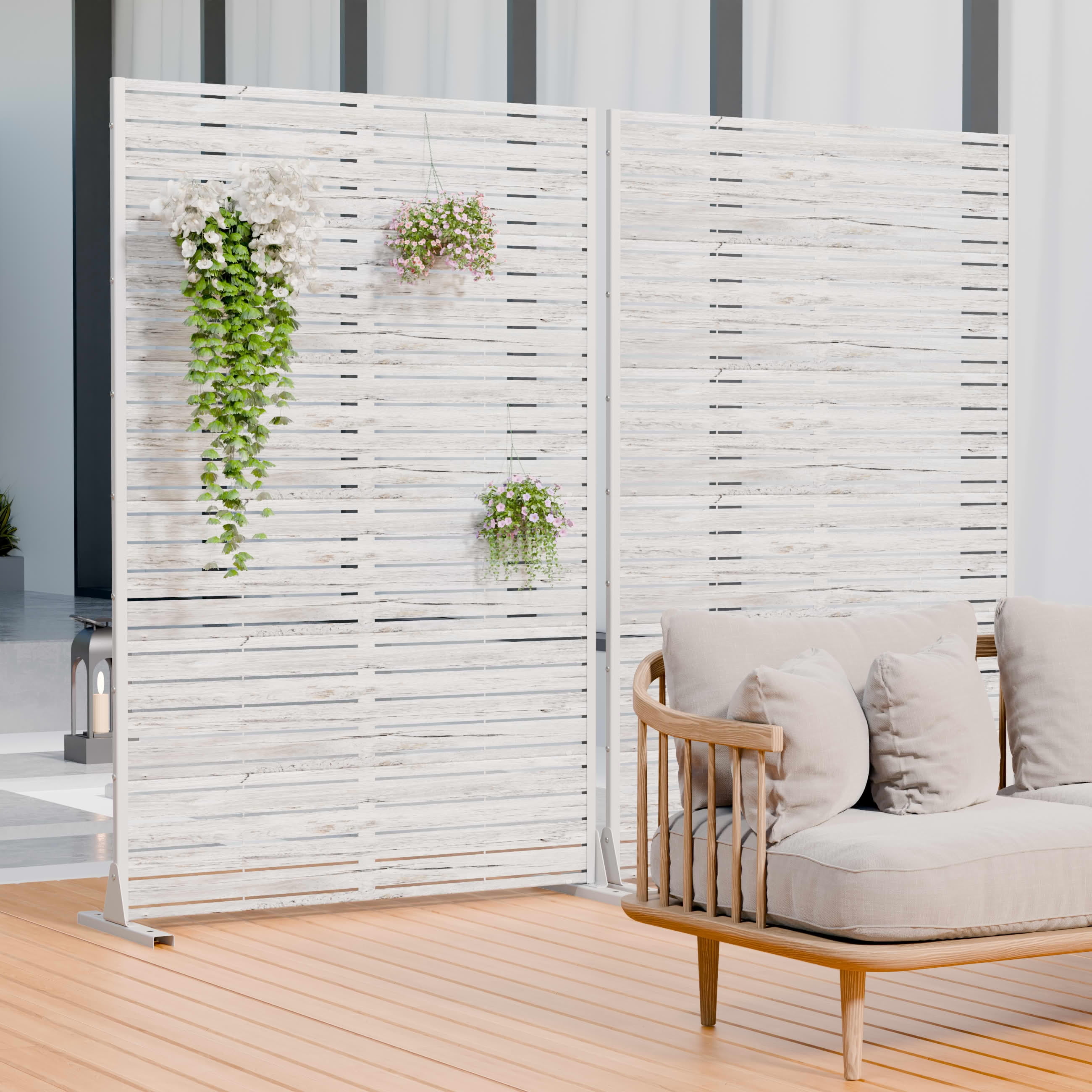 MAYEERTY 2-Piece Outdoor Metal Privacy Screen 6ft × 4ft Weathered White, 6-Panel Wood Grain Louvered, Weatherproof for Patio