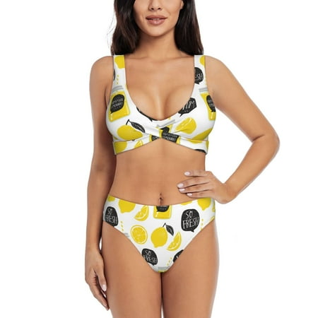 Bathing Suit For Women  Cute Lemon Juice High Waisted Bikini Set Bathing Suit Cross Lace Up Swimsuit