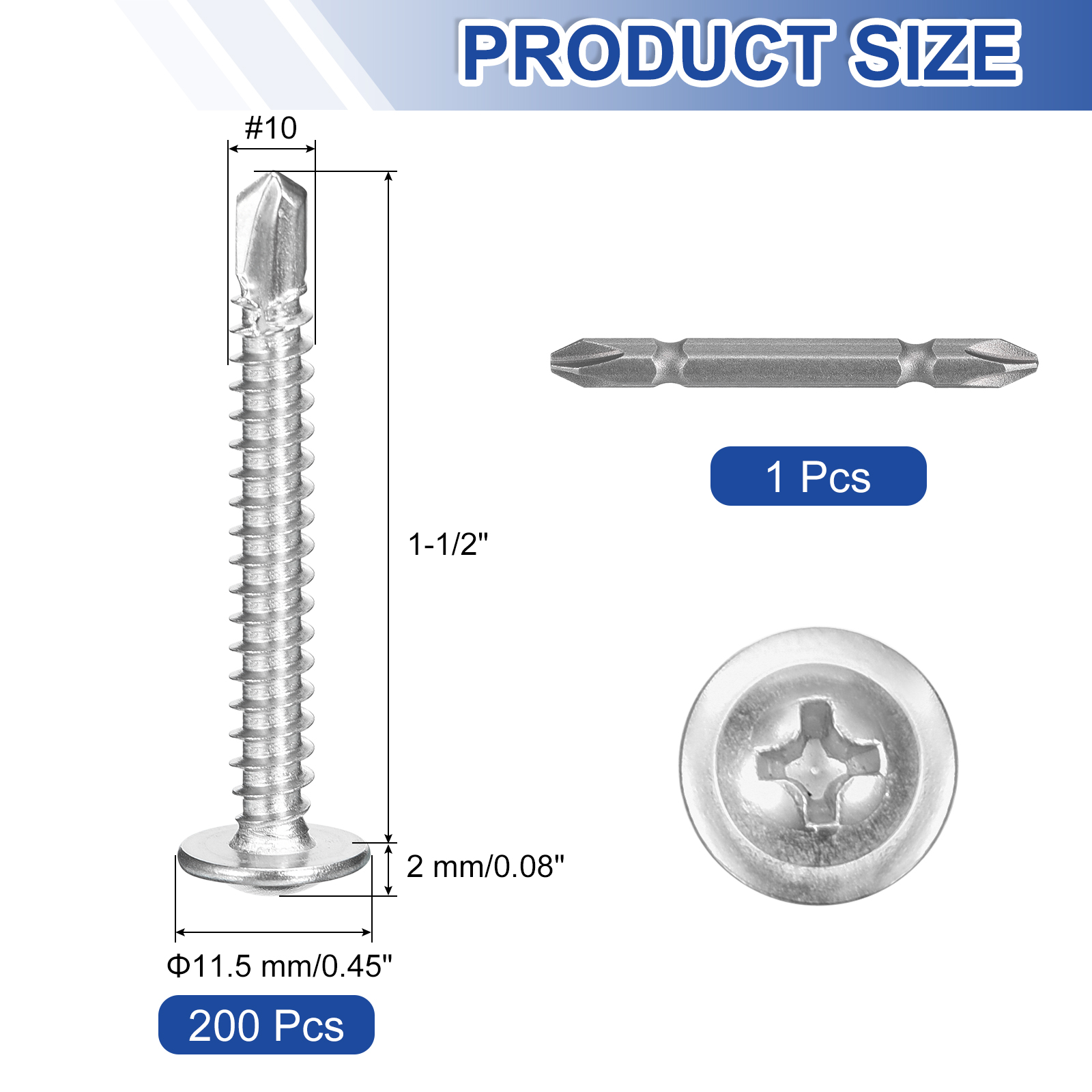 150Pcs #10x1-1/2" Self-Tapping Screws, 410 Stainless Steel Phillips Self Drilling Screws Flat Head Sheet Metal Screws for Industry, Furniture Repair, Silver