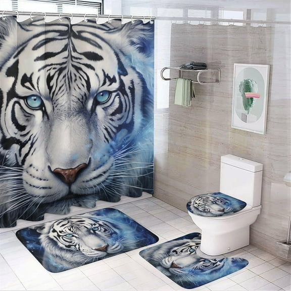 4 Pieces Colorful White Tiger Shower Curtain Set Modern Nature Animal Bathroom Decor Sets with Rugs Bathroom Accessories Set Bathroom Curtain Shower Set with 12 Hooks