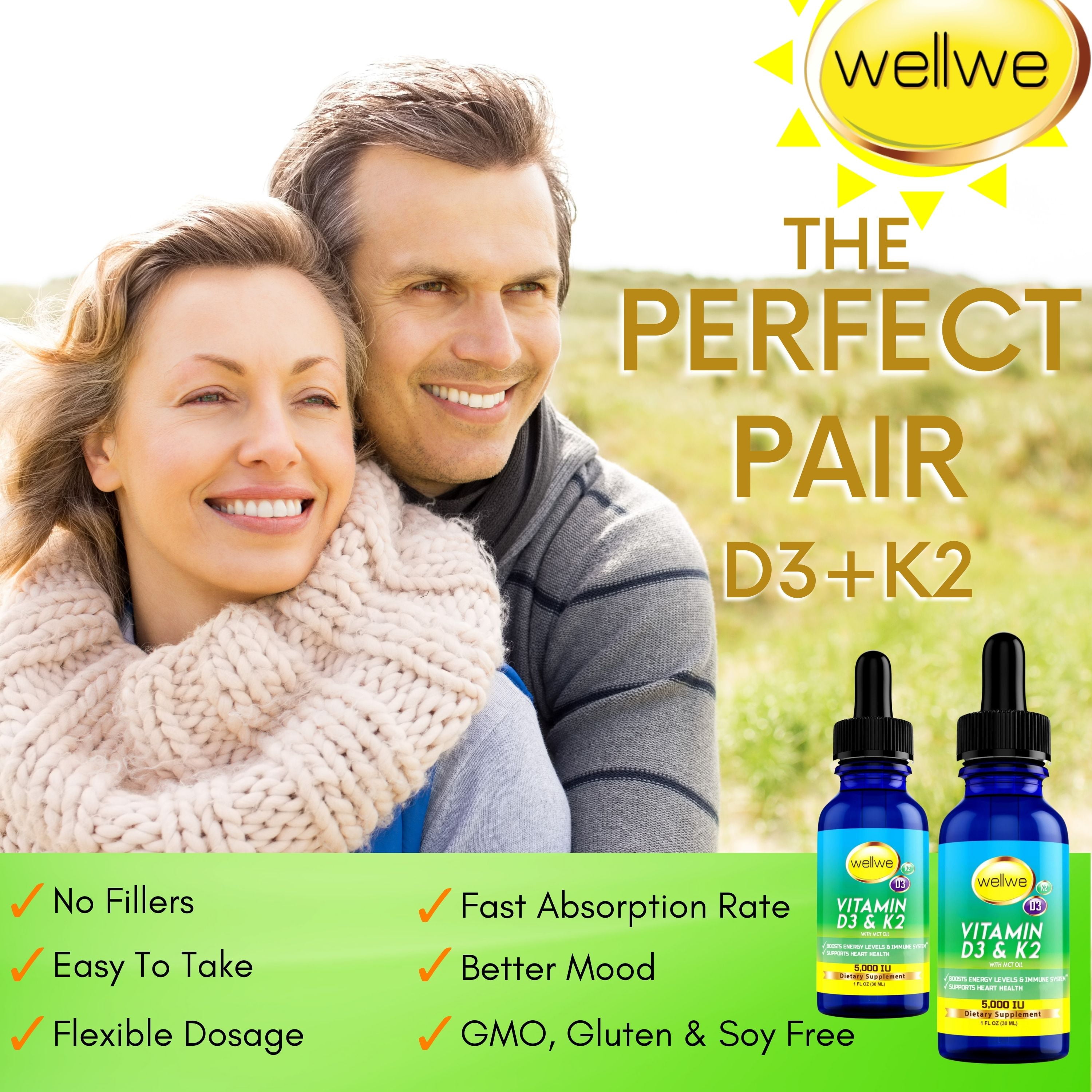 Liquid Vitamin D3 K2 Drops with MCT Oil 5000 IU - Vegan, No Taste, No Odor, Soy-Free, Non-GMO, 1000 IU per Drop, Boosts Energy Levels & Immune System, Supports Heart & Bones Health