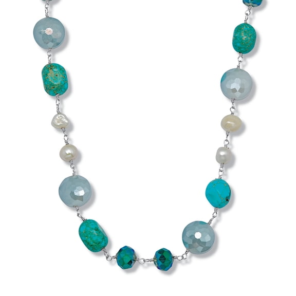 Genuine Blue Jasper and Cultured Freshwater Pearl Silvertone Necklace 34-inch