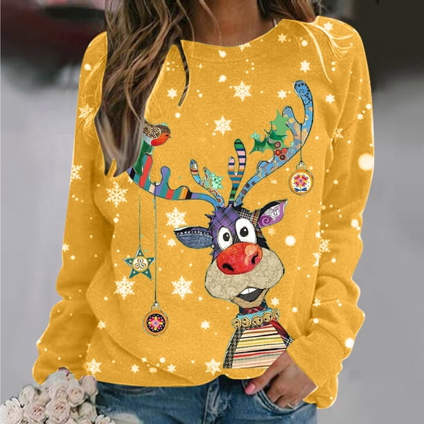 MHFRRA Blusa Informal de Verano con Cuello Redondo y Manga Larga, Estampada, Suelta, con Abertura Lateral Amarillo