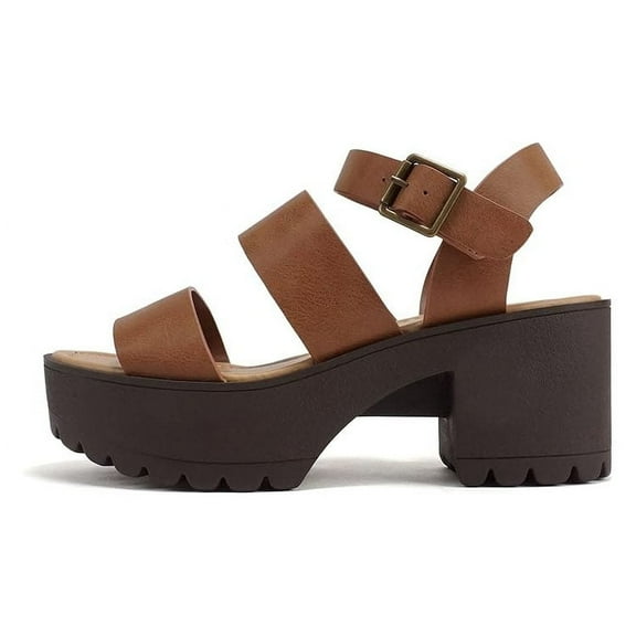 Soda ACCOUNT Women's Open Toe Block Heel Platform Sandals with Adjustable Ankle Strap - Cognac - Size 8