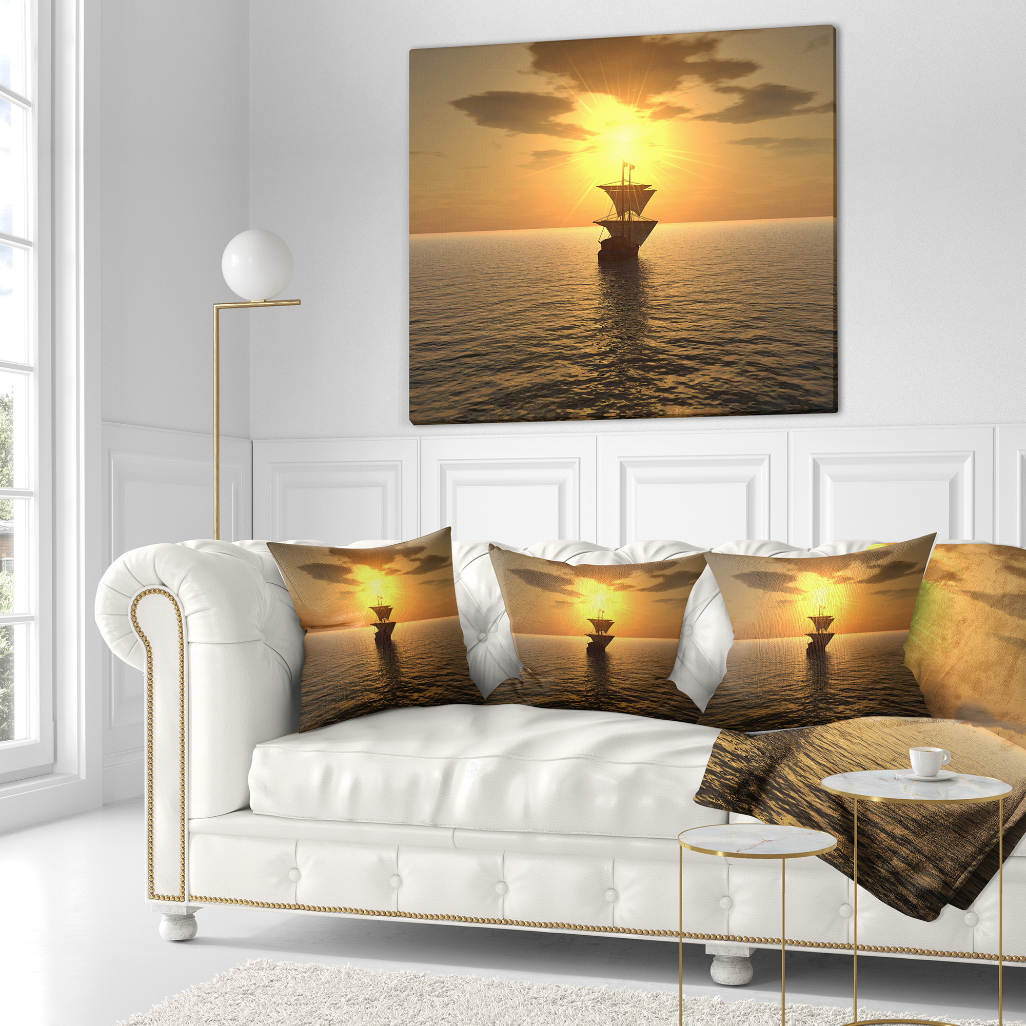 Designart Ship and Sunset - Seascape Photography Throw Pillow - 18x18
